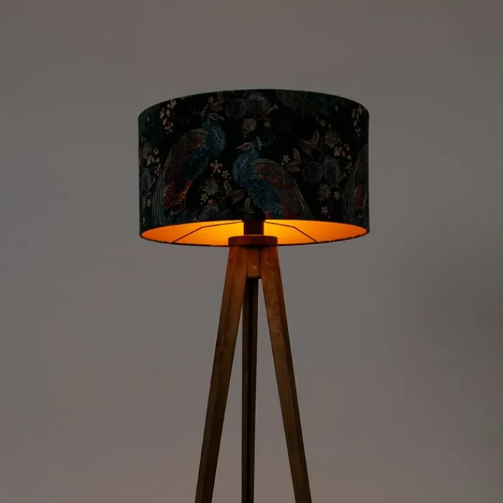 QAZQA Stehlampen|Wohnzimmerlampen*Dreibeinstativ Vintage Holz mit Haube Pfauengrün 50 cm - Dreibeinstativ Classic