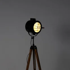 QAZQA Stehlampen|Wohnzimmerlampen*Dreibein-Stehlampe schwarz mit Holz-Studiospot - Radient