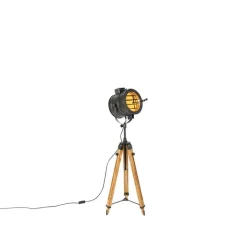 QAZQA Stehlampen|Wohnzimmerlampen*Dreibein-Stehlampe schwarz mit Holz-Studiospot - Radient