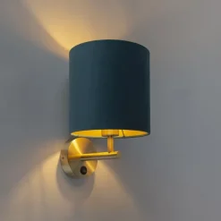 QAZQA Wandleuchten|Wohnzimmerlampen*Enge Wandlampe Gold mit blauem Samtschirm - Matt