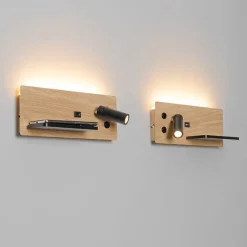 QAZQA Professional Schlafzimmerlampen|Led-Wandleuchten*2er Set Wandleuchte Schwarz mit Holz inkl. LED mit USB und Induktionsladegerät - Riza