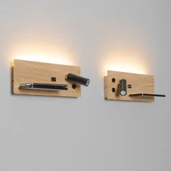 QAZQA Professional Schlafzimmerlampen|Led-Wandleuchten*2er Set Wandleuchte Schwarz mit Holz inkl. LED mit USB und Induktionsladegerät - Riza