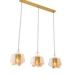 QAZQA Pendelleuchten|Wohnzimmerlampen*Hängelampe gold mit braunem Glas 30 cm länglich 3-flammig - Kevin