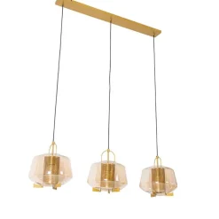 QAZQA Pendelleuchten|Wohnzimmerlampen*Hängelampe gold mit braunem Glas 30 cm länglich 3-flammig - Kevin