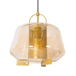 QAZQA Pendelleuchten|Wohnzimmerlampen*Hängelampe gold mit braunem Glas 30 cm länglich 3-flammig - Kevin