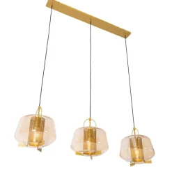 QAZQA Pendelleuchten|Wohnzimmerlampen*Hängelampe gold mit braunem Glas 30 cm länglich 3-flammig - Kevin
