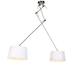 QAZQA Pendelleuchten|Wohnzimmerlampen*Hängelampe mit Leinenschirmen weiß 35 cm - Blitz II Stahl