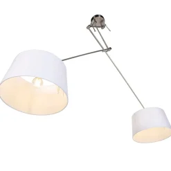 QAZQA Pendelleuchten|Wohnzimmerlampen*Hängelampe mit Leinenschirmen weiß 35 cm - Blitz II Stahl