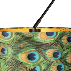 QAZQA Pendelleuchten|Wohnzimmerlampen*Hängelampe mit Samtschirmen Pfau mit Gold 35 cm - Blitz II schwarz