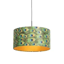 QAZQA Pendelleuchten|Wohnzimmerlampen*Hängelampe mit Veloursschirm Pfau mit Gold 50 cm - Combi