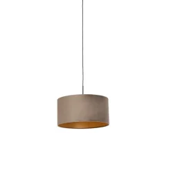 QAZQA Schlafzimmerlampen|Küchenlampen*Hängelampe mit Veloursschirm taupe mit Gold 50 cm - Combi