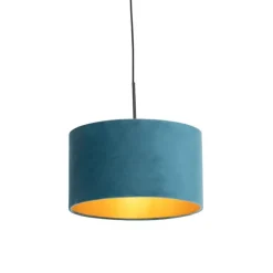 QAZQA Pendelleuchten|Wohnzimmerlampen*Hängelampe mit Veloursschirm blau mit Gold 35 cm - Combi