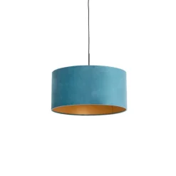 QAZQA Pendelleuchten|Wohnzimmerlampen*Hängelampe mit Veloursschirm blau mit Gold 50 cm - Combi