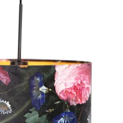 QAZQA Pendelleuchten|Wohnzimmerlampen*Hängelampe mit Veloursschirm Blumen mit Gold 35 cm - Combi
