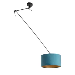 QAZQA Pendelleuchten|Wohnzimmerlampen*Hängelampe mit Veloursschirm blau mit Gold 35 cm - Blitz I schwarz
