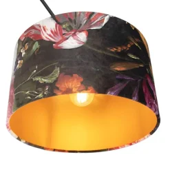 QAZQA Pendelleuchten|Wohnzimmerlampen*Hängelampe mit Veloursschirm Blumen mit Gold 35 cm - Blitz I schwarz
