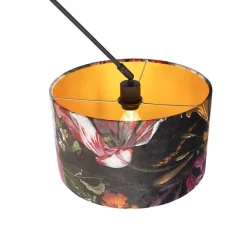 QAZQA Pendelleuchten|Wohnzimmerlampen*Hängelampe mit Veloursschirm Blumen mit Gold 35 cm - Blitz I schwarz