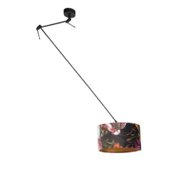 QAZQA Pendelleuchten|Wohnzimmerlampen*Hängelampe mit Veloursschirm Blumen mit Gold 35 cm - Blitz I schwarz