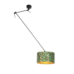 QAZQA Pendelleuchten|Wohnzimmerlampen*Hängelampe mit Veloursschirm Pfau mit Gold 35 cm - Blitz I schwarz