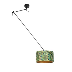 QAZQA Pendelleuchten|Wohnzimmerlampen*Hängelampe mit Veloursschirm Pfau mit Gold 35 cm - Blitz I schwarz