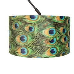 QAZQA Pendelleuchten|Wohnzimmerlampen*Hängelampe mit Veloursschirm Pfau mit Gold 35 cm - Blitz I schwarz