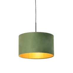 QAZQA Pendelleuchten|Wohnzimmerlampen*Hängelampe mit Veloursschirm grün mit Gold 35 cm - Combi