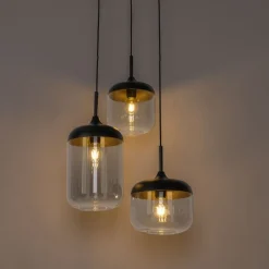 QAZQA Pendelleuchten|Wohnzimmerlampen*Hängelampe schwarz mit Gold und Rauchglas, 3-flammig, rund – Kyan