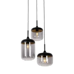 QAZQA Pendelleuchten|Wohnzimmerlampen*Hängelampe schwarz mit Gold und Rauchglas, 3-flammig, rund – Kyan
