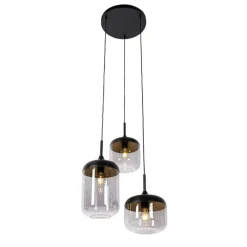 QAZQA Pendelleuchten|Wohnzimmerlampen*Hängelampe schwarz mit Gold und Rauchglas, 3-flammig, rund – Kyan