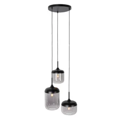 QAZQA Pendelleuchten|Wohnzimmerlampen*Hängelampe schwarz mit Gold und Rauchglas, 3-flammig, rund – Kyan