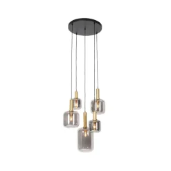QAZQA Schlafzimmerlampen|Küchenlampen*Hängelampe schwarz mit Gold mit Rauchglas 5-flammig – Zuzanna