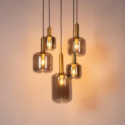 QAZQA Schlafzimmerlampen|Küchenlampen*Hängelampe schwarz mit Gold mit Rauchglas 5-flammig – Zuzanna