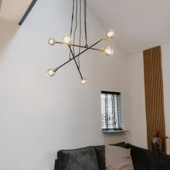 QAZQA Pendelleuchten|Wohnzimmerlampen*Hängelampe schwarz mit Messing und Rauchglas 6 Lichter - Vidro