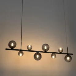 QAZQA Pendelleuchten|Wohnzimmerlampen*Hängelampe schwarz mit Rauchglas, länglich 8-flammig – Monaco