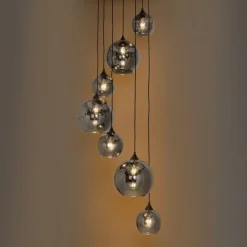 QAZQA Pendelleuchten|Wohnzimmerlampen*Hängelampe schwarz mit Rauchglas rund 7-flammig - Sandra