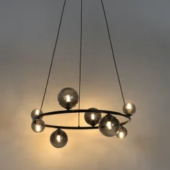 QAZQA Schlafzimmerlampen|Küchenlampen*Hängelampe schwarz mit Rauchglas rund 8-flammig - Monaco