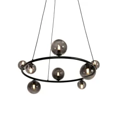 QAZQA Schlafzimmerlampen|Küchenlampen*Hängelampe schwarz mit Rauchglas rund 8-flammig - Monaco