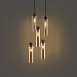 QAZQA Pendelleuchten*Hotel Chic Hängelampe Dunkelbronze mit bernsteinfarbenem Glas 5-flammig - Stavelot