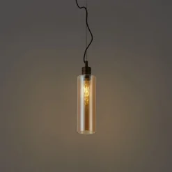 QAZQA Pendelleuchten|Wohnzimmerlampen*Hotel Chic Hängelampe Dunkelbronze mit bernsteinfarbenem Glas - Stavelot