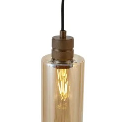 QAZQA Pendelleuchten|Wohnzimmerlampen*Hotel Chic Hängelampe Dunkelbronze mit bernsteinfarbenem Glas 3-flammig - Stavelot