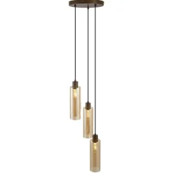 QAZQA Pendelleuchten|Wohnzimmerlampen*Hotel Chic Hängelampe Dunkelbronze mit bernsteinfarbenem Glas 3-flammig - Stavelot