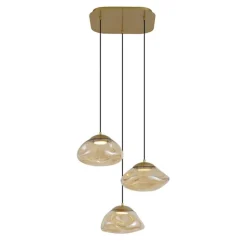 QAZQA Pendelleuchten|Wohnzimmerlampen*Hotel Chic Hängelampe Messing mit bernsteinfarbenem Glas 3-Licht - Gus