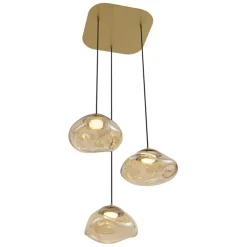 QAZQA Pendelleuchten|Wohnzimmerlampen*Hotel Chic Hängelampe Messing mit bernsteinfarbenem Glas 3-Licht - Gus