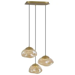 QAZQA Pendelleuchten|Wohnzimmerlampen*Hotel Chic Hängelampe Messing mit bernsteinfarbenem Glas 3-Licht - Gus