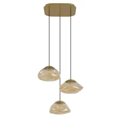 QAZQA Pendelleuchten|Wohnzimmerlampen*Hotel Chic Hängelampe Messing mit bernsteinfarbenem Glas 3-Licht - Gus