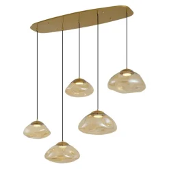 QAZQA Pendelleuchten|Esszimmerlampen*Hotel Chic Hängelampe Messing mit bernsteinfarbenem Glas 5-Licht - Gus