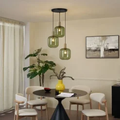 QAZQA Pendelleuchten|Wohnzimmerlampen*Hotel Chic Hängelampe Schwarz mit Gold und Grün Glas 3-Licht - Zuzanna