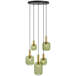 QAZQA Pendelleuchten|Wohnzimmerlampen*Hotel Chic Hängelampe Schwarz und Gold mit grünem Glas 5-Lichter - Zuzanna