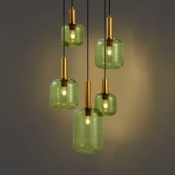 QAZQA Pendelleuchten|Wohnzimmerlampen*Hotel Chic Hängelampe Schwarz und Gold mit grünem Glas 5-Lichter - Zuzanna