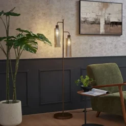 QAZQA Wohnzimmerlampen|Stehlampen*Hotel Chic Stehleuchte Dunkelbronze mit bernsteinfarbenem Glas 2-flammig - Stavelot
